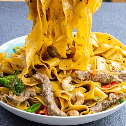 Beef, Black Bean and Cashew Pappardelle