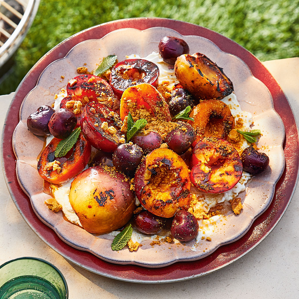Barbecued Stone-fruit Salad with Spiced Syrup and Labneh