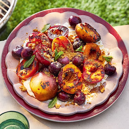 Barbecued Stone-fruit Salad with Spiced Syrup and Labneh
