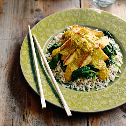 Smoked Tofu Katsu with Sautéed Spinach