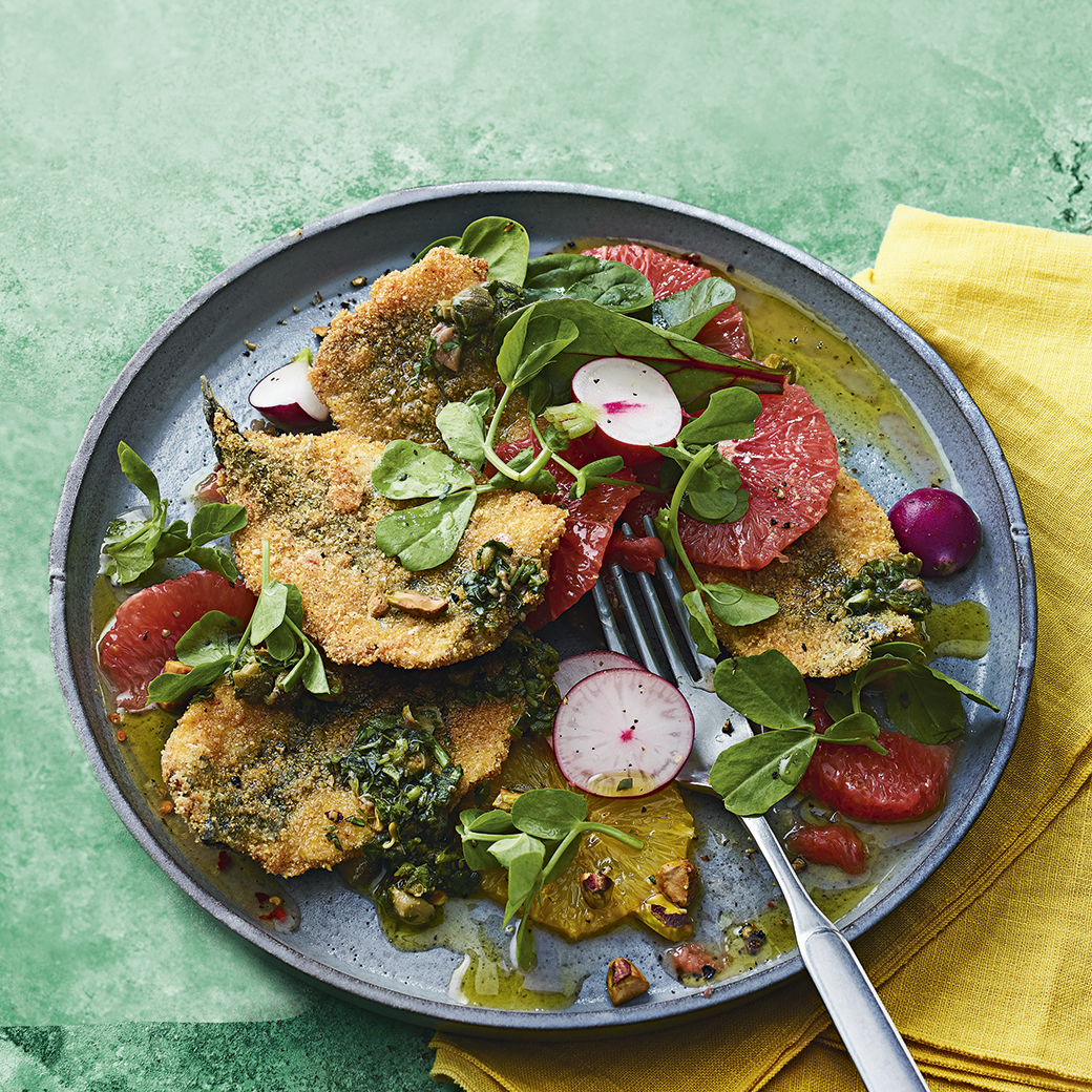 Polenta-Crusted Sardines, Radish and Citrus Salad, and Salsa Verde
