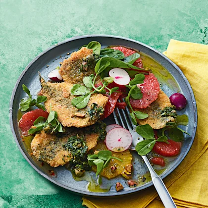 Polenta-Crusted Sardines, Radish and Citrus Salad, and Salsa Verde