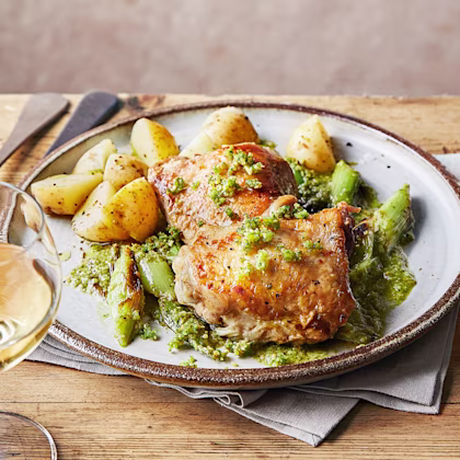 Sherry-braised Chicken with Baby Leeks and Watercress Picada