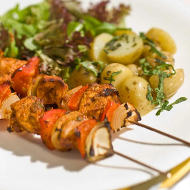 Chicken Tikka Skewers with Italian Salad and Minted New Potatoes
