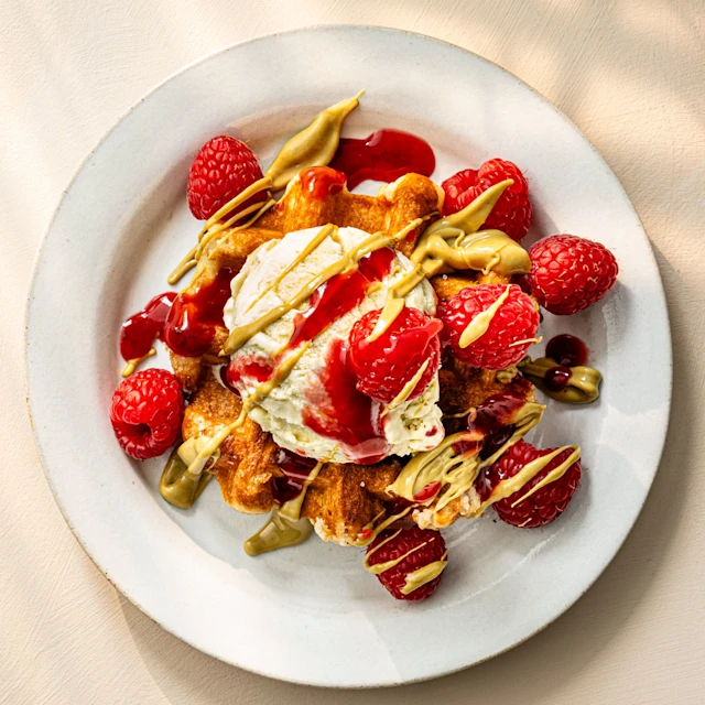 Pistachio and Raspberry Waffles