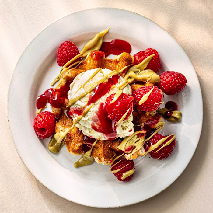 Pistachio and Raspberry Waffles