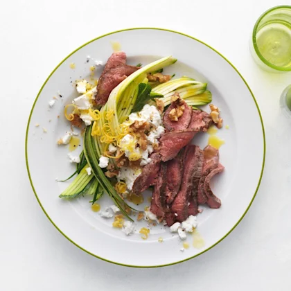 Rump steak with courgette, lemony feta and walnuts