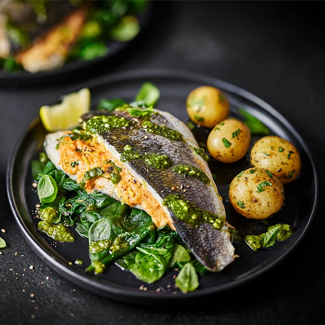 Steamed Crab Pate Seabass, Minted Potatoes and Basil Pesto