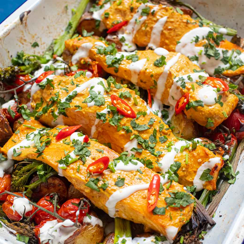 Tikka Salmon and Broccoli Traybake