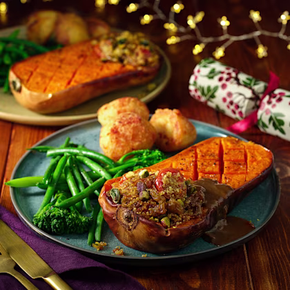 Vegan Roasted Butternut Squash with Christmas Stuffing