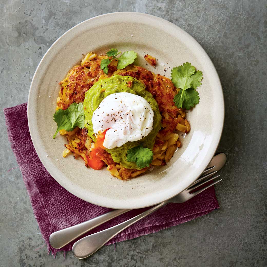 Potato Rosti Topped with Guacamole and Poached Egg