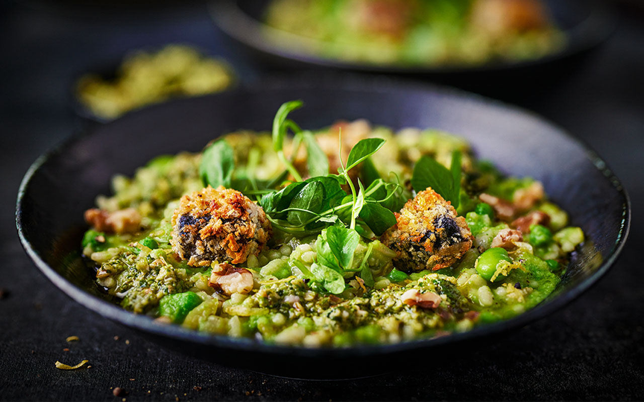Risotto Primavera with Walnut Pesto and Crispy Black Pudding