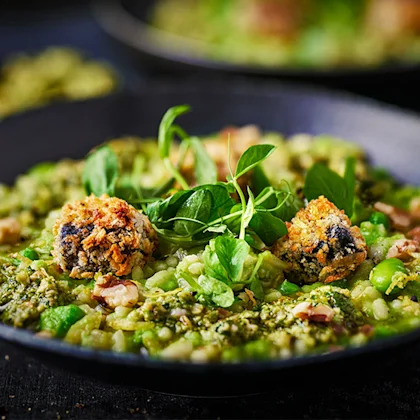Risotto Primavera with Walnut Pesto and Crispy Black Pudding