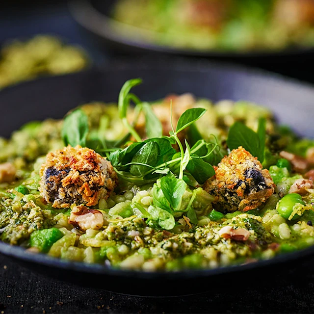 Risotto Primavera with Walnut Pesto and Crispy Black Pudding