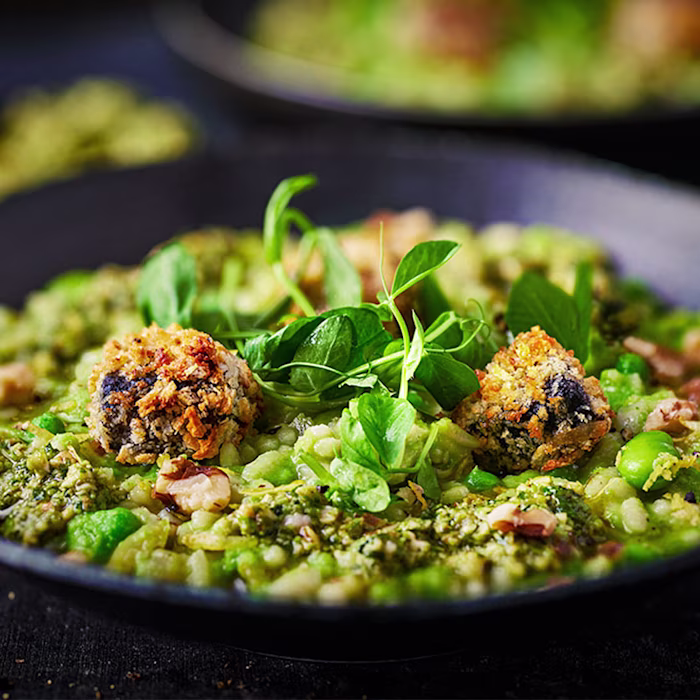 Risotto Primavera with Walnut Pesto and Crispy Black Pudding