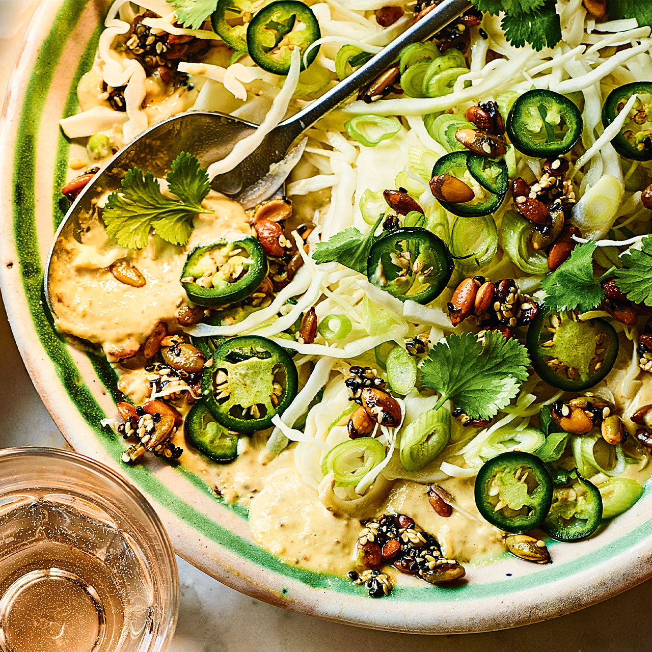 Green Harissa and Tahini Slaw with Pumpkin-Seed Brittle  