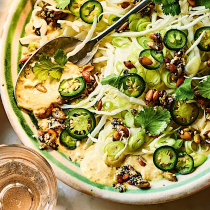 Green Harissa and Tahini Slaw with Pumpkin-Seed Brittle