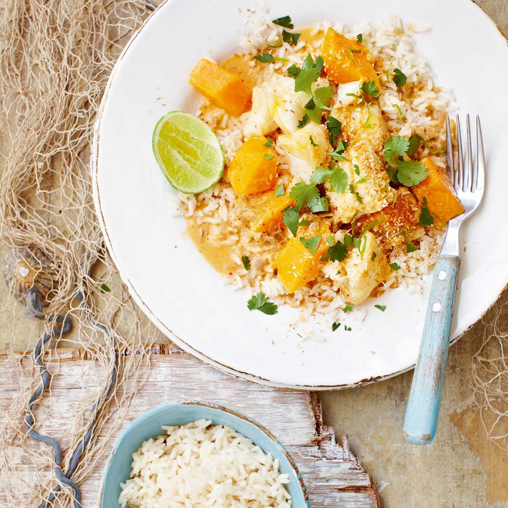 Red Thai fish curry with butternut squash