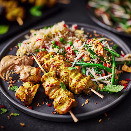 Chicken Satay Skewers with Thai-style Salad and Fried Rice