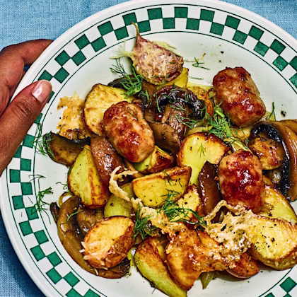 Meatball, Mushroom and Potato Traybake