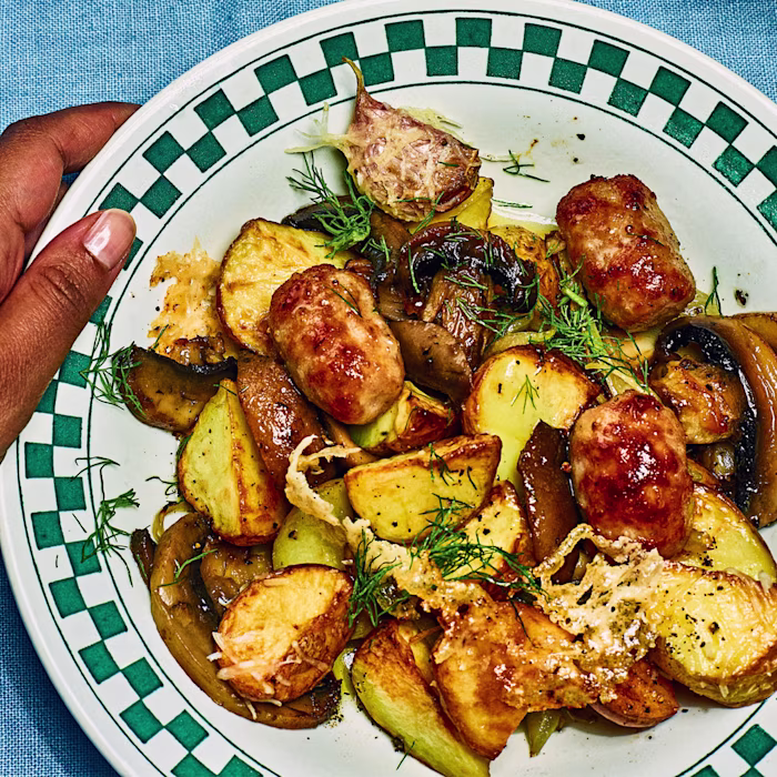 Meatball, Mushroom and Potato Traybake