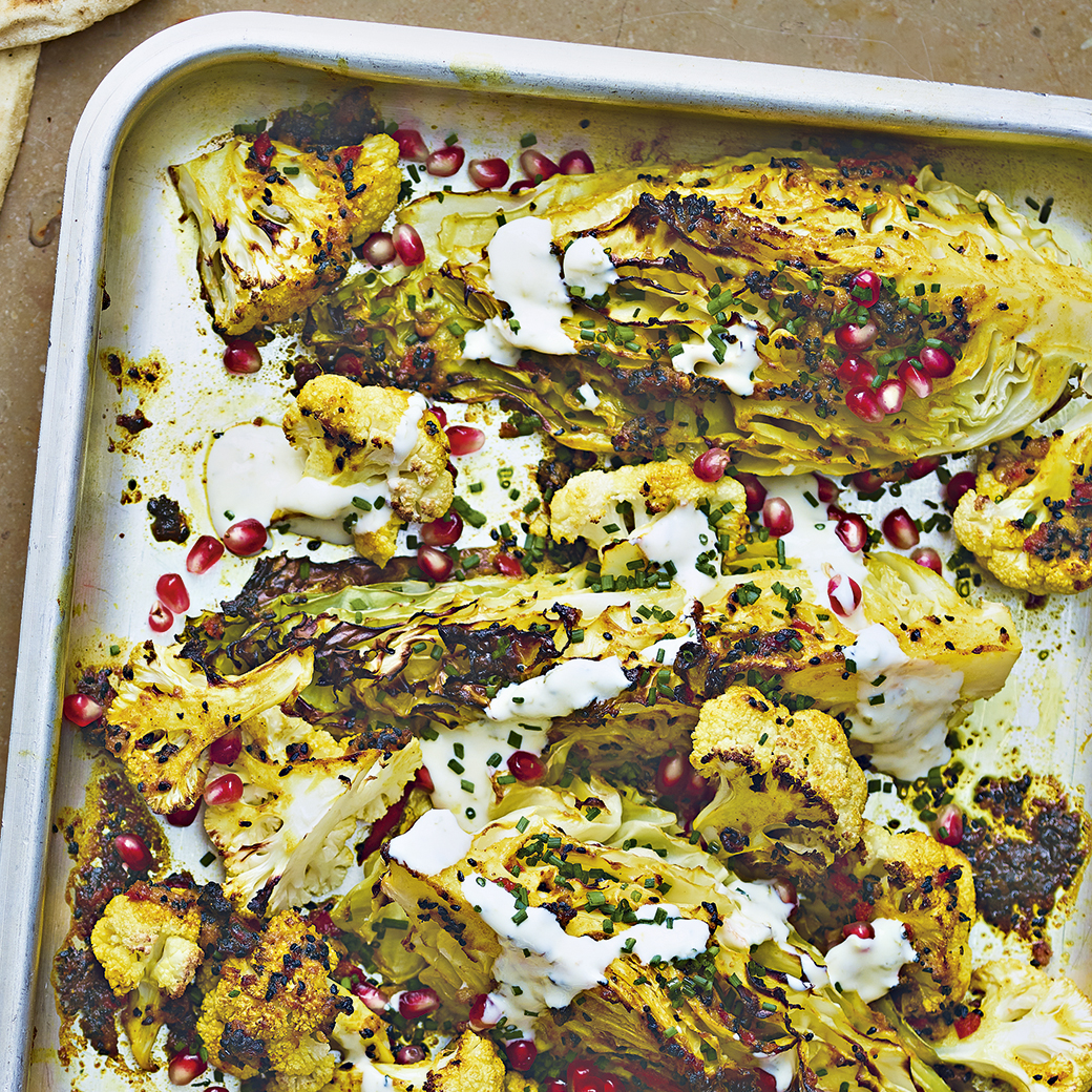 Cauliflower and Cabbage Traybake with Kefir Lime Dressing