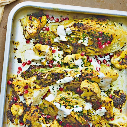 Cauliflower and Cabbage Traybake with Kefir Lime Dressing