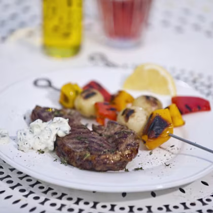 Lemon and Thyme Lamb Steaks with Pepper and Potato Skewers