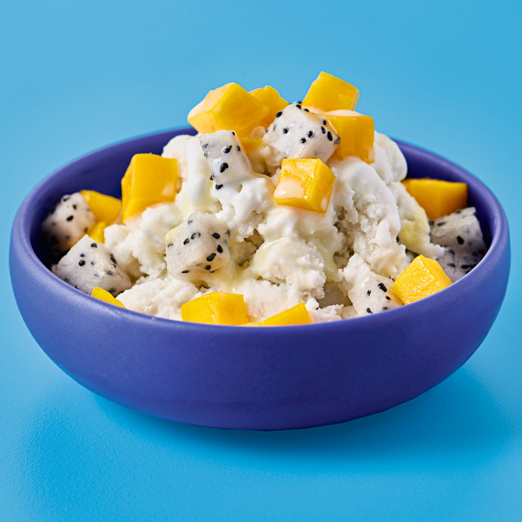 Korean-style Coconut Ice with Mango and Dragon Fruit