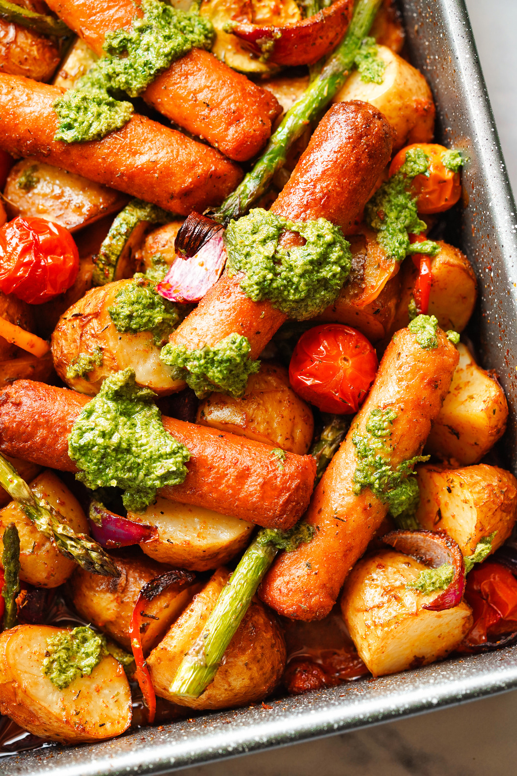 Vegetarian Sausage Traybake with Salsa Verde