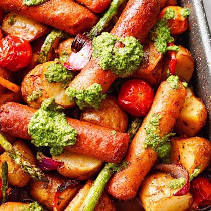 Vegetarian Sausage Traybake with Salsa Verde