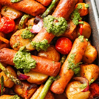 Vegetarian Sausage Traybake with Salsa Verde