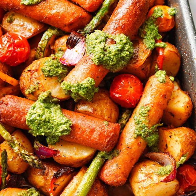 Vegetarian Sausage Traybake with Salsa Verde