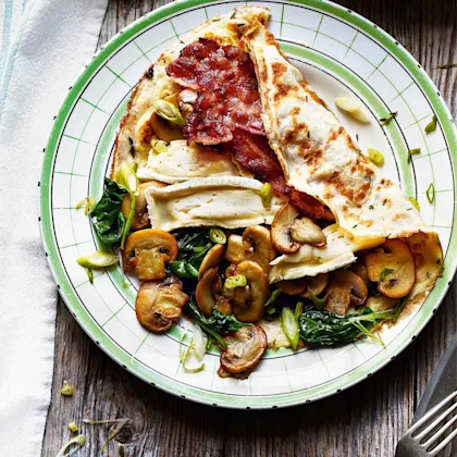 Mushroom, Bacon, Brie & Spinach Savoury Pancake