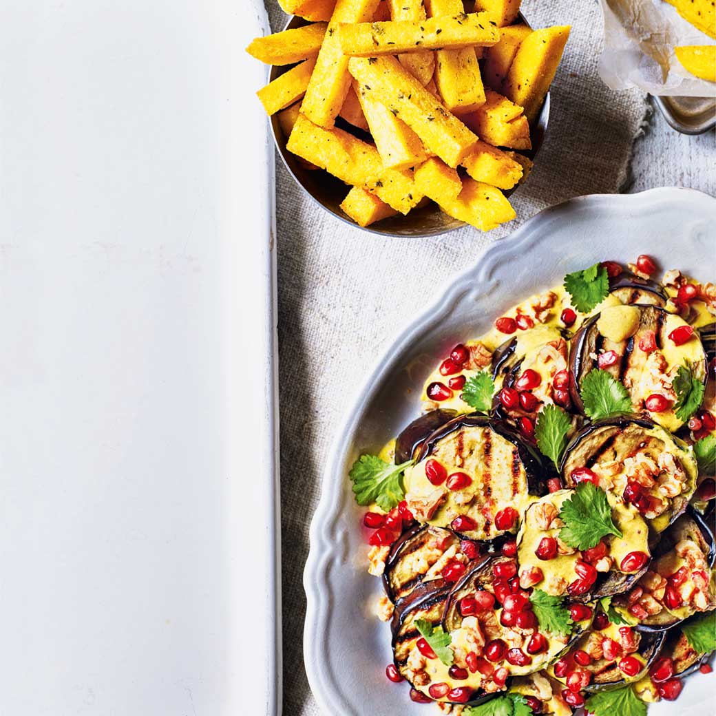 Charred Aubergine with Turmeric Yogurt, Walnuts and Pomegranate