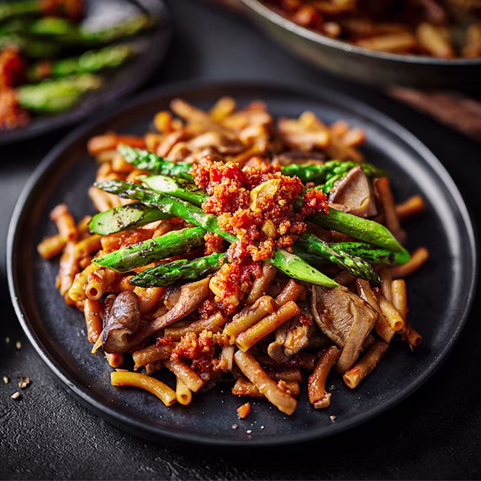 Mushroom Fideuà With Asparagus Xató Salad