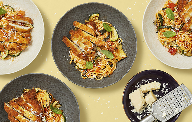 Spaghetti Chicken Milanese with Courgettes