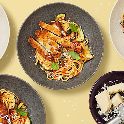 Spaghetti Chicken Milanese with Courgettes