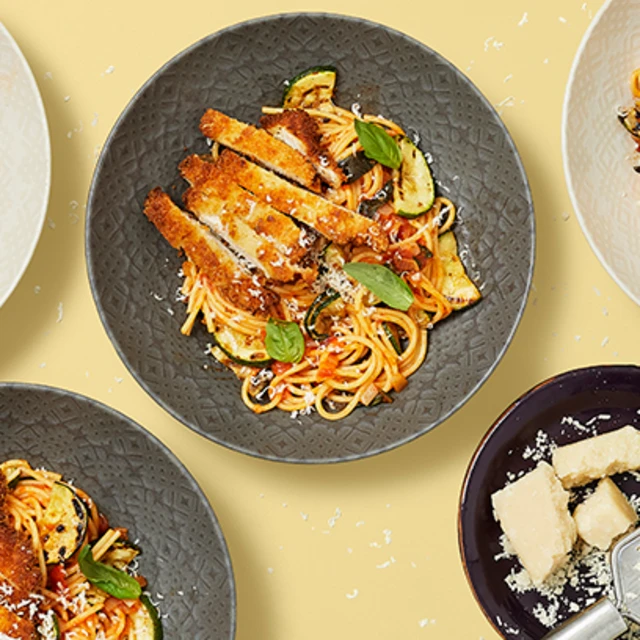 Spaghetti Chicken Milanese with Courgettes