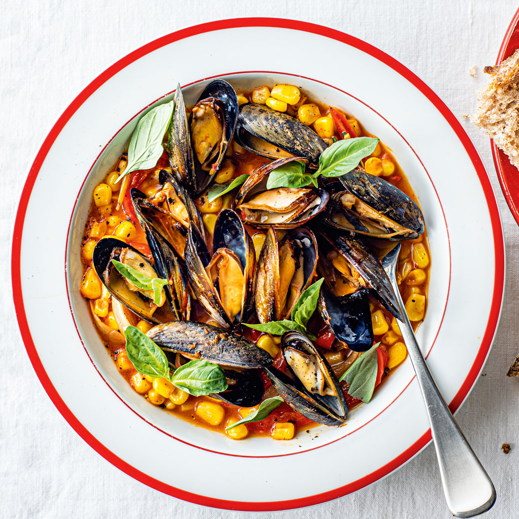 Mussels and sweetcorn in a scotch bonnet sauce