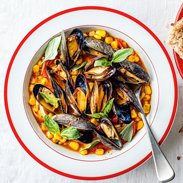 Mussels and sweetcorn in a scotch bonnet sauce