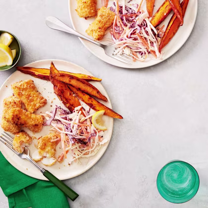 Cod goujons with winter slaw and sweet potato wedges