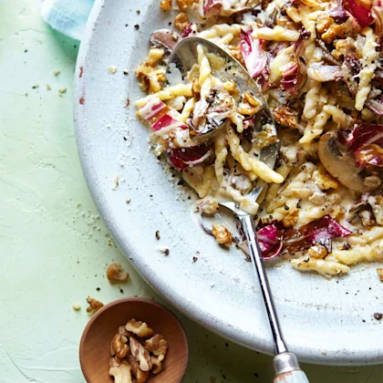 Pasta with Radicchio, Mushrooms & Walnuts in a Cream Sauce