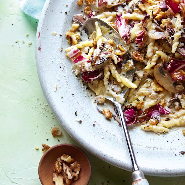 Pasta with Radicchio, Mushrooms & Walnuts in a Cream Sauce
