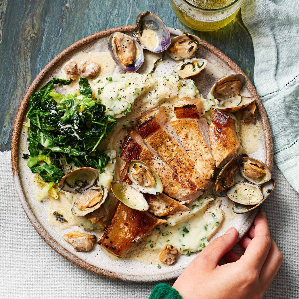 Pan-fried Pork Chops with Clams and Celeriac Mash