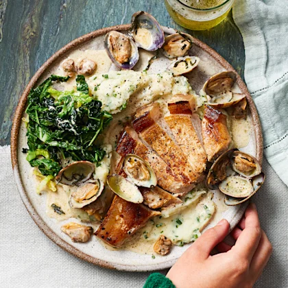 Pan-fried Pork Chops with Clams and Celeriac Mash