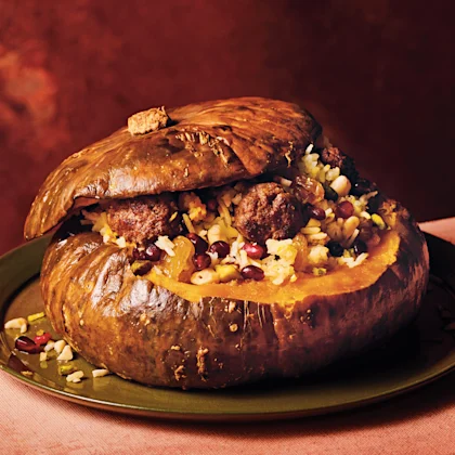 Stuffed Pumpkin with Jewelled Rice and Spiced Meatballs
