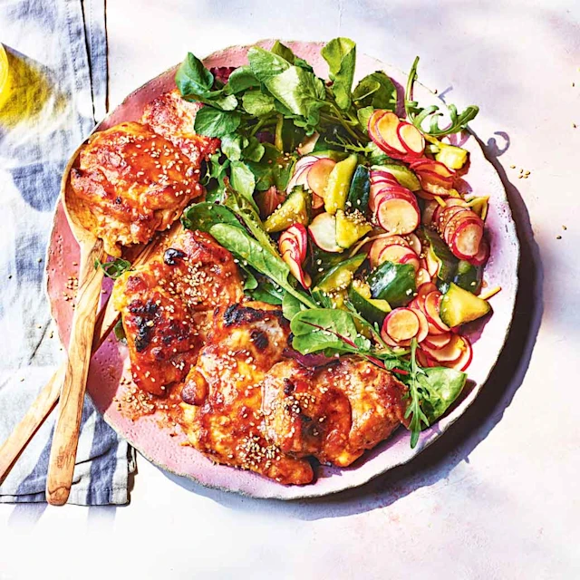 Miso chicken with a quick pickle radish and cucumber salad
