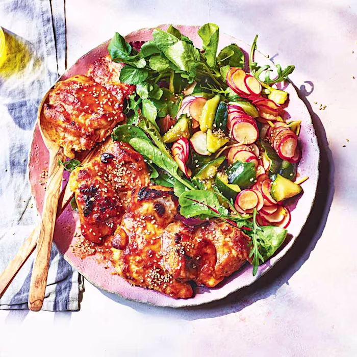 Miso chicken with a quick pickle radish and cucumber salad