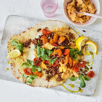 Coconut yogurt flatbreads with homemade houmous, roasted squash and lentils